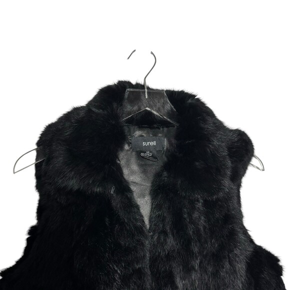 Surell 100% Rabbit Fur Woman's Black Vest size small medium big collar hook eye - Picture 3 of 7